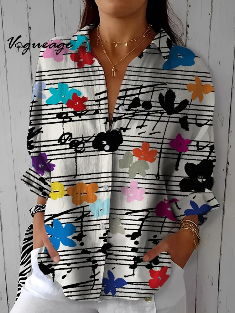 Elegant And Gentle Musical Notation And Flowers Printed Cotton And Linen Shirt