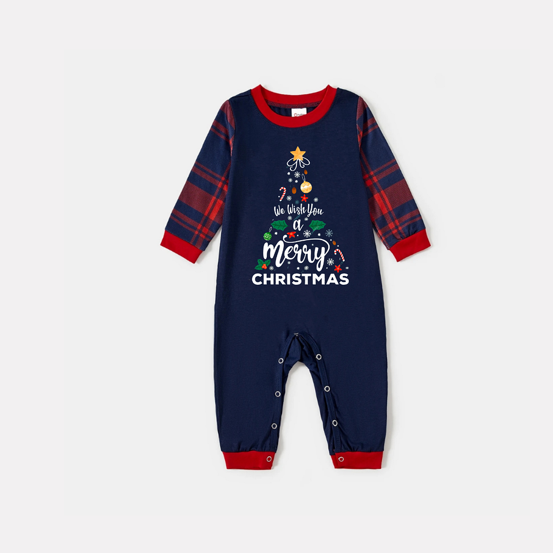 "We Wish You a Merry Christmas" Printed Blue Long Sleeve Top With Blue & Red Plaid Family Matching Pajamas