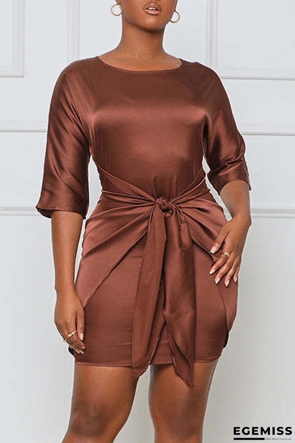 Brownness Casual Solid Bandage Patchwork O Neck One Step Skirt Plus Size Dresses | EGEMISS