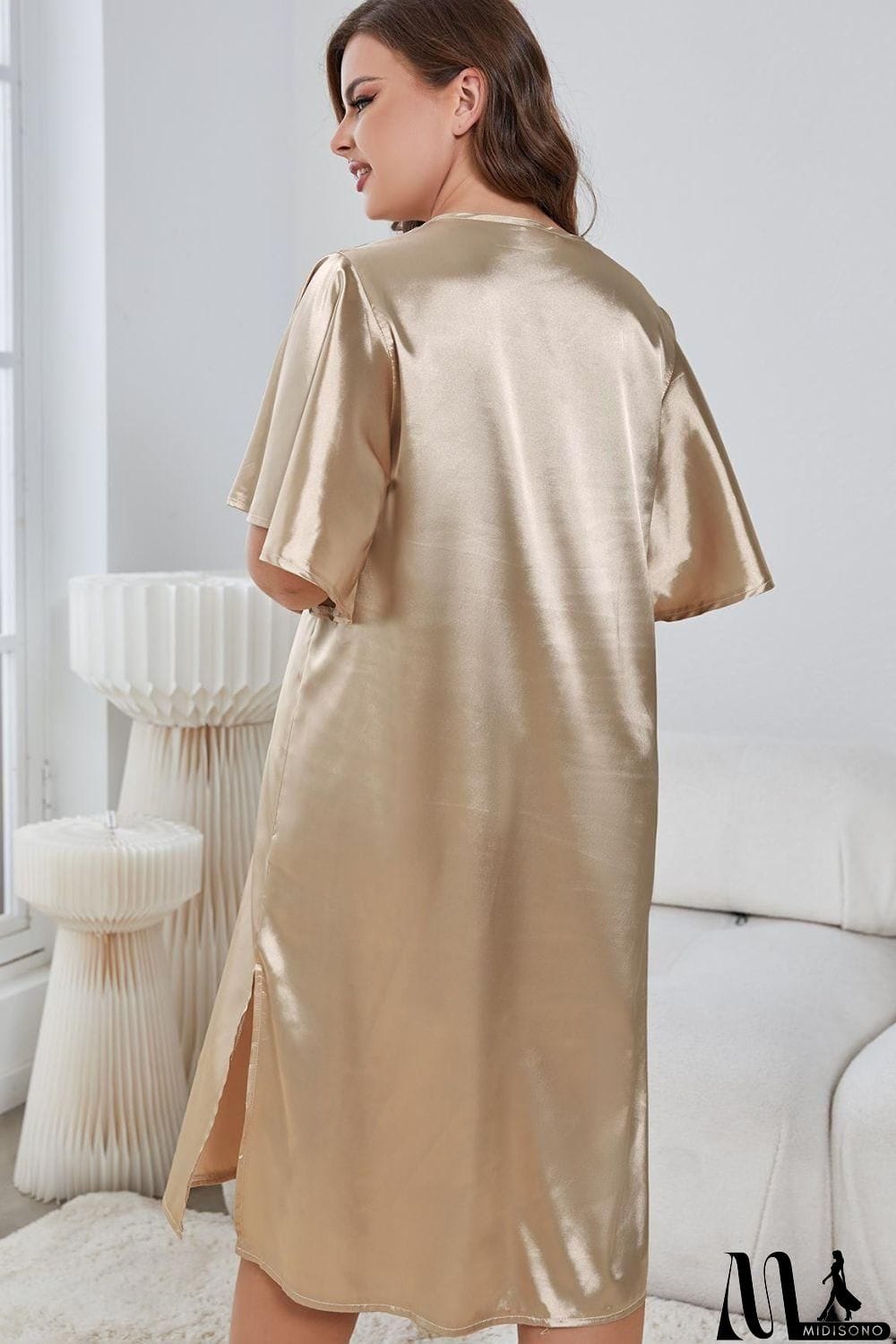 MidiSono - Plus Size Flutter Sleeve V-Neck Side Slit Night Gown