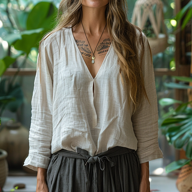 Simple V-neck Long-sleeved Linen Shirt, Comfortable, Lazy And Breathable Linen Top