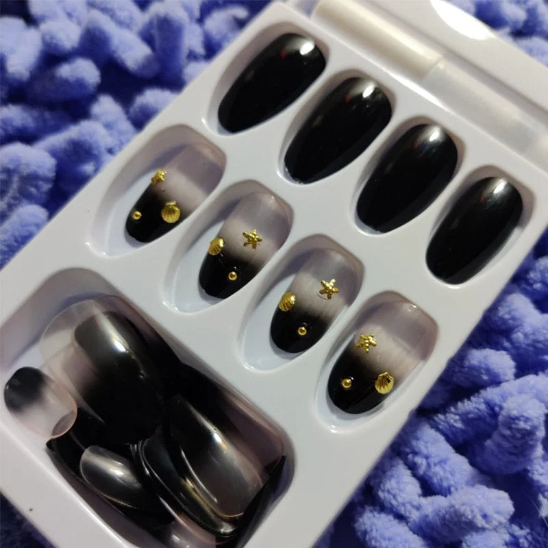 24 pcs/box with a pattern with Black Gradient oval fake nail Bride and Girls Wearing Manicure acrylic artificial nail with glue-Nail Inspo