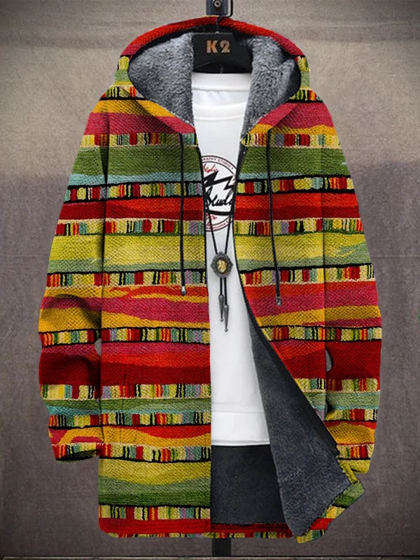 Men's Colorful Stripe Patchwork Art Print Fleece Lined Hooded Trench Coat