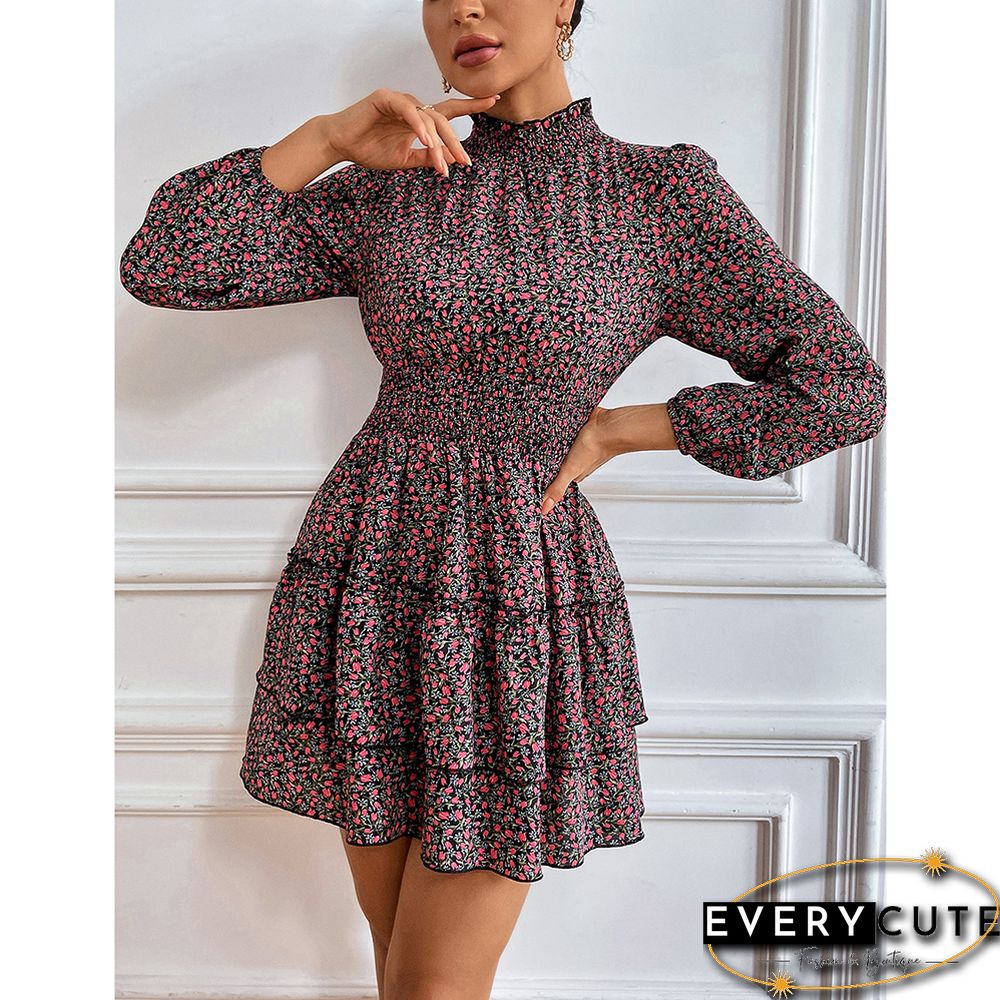 Red Layered Frilled Neck Mini Floral Dress