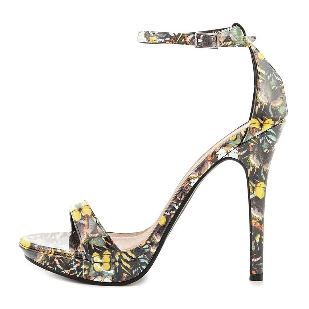 Butterfly Print Stiletto Heels Buckle Strap Open Toe Women Sandals