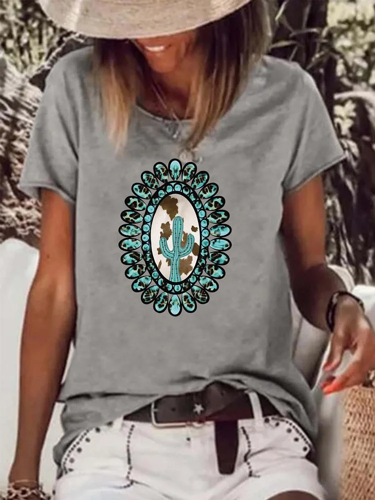 Turquoise cactus Retro Raw Hem Tee