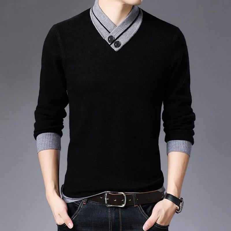 Sweater Men Autumn Winter Thick Warm Cashmere Wool Pullover Men Button Turtleneck Pull Homme Knitwear Tops