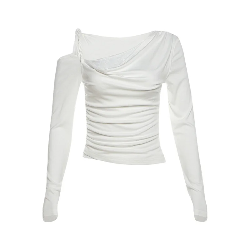 Uveng 2024 Autumn New Women's Clothing Shoulder-Slanted Collar Hollow Perspective Folding Body To Close The Waist On The Umbilical