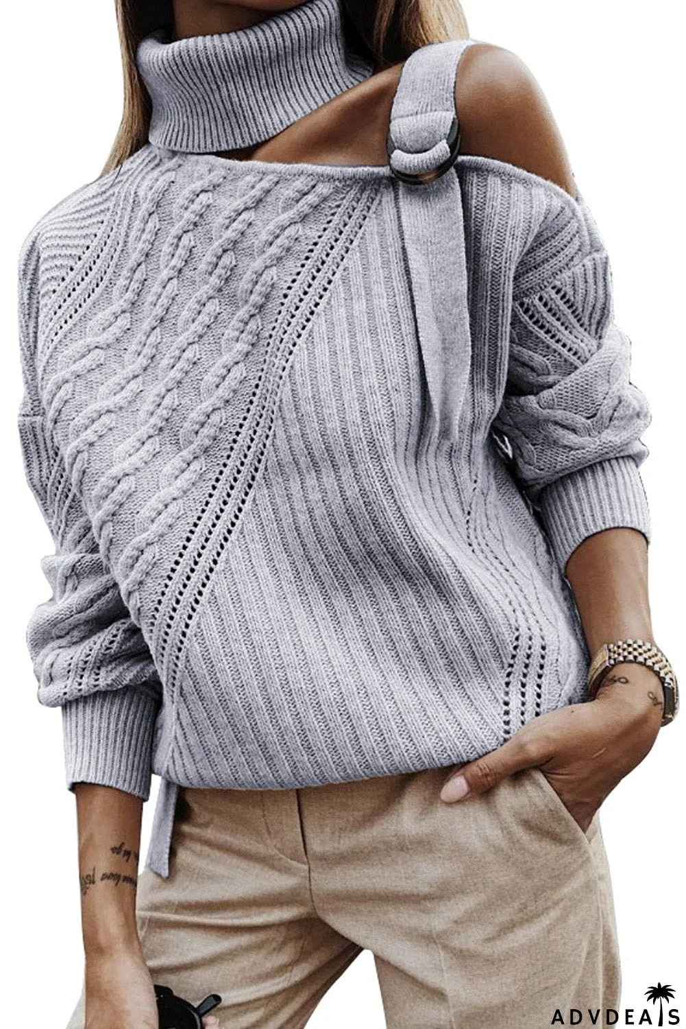 Strapped Cut out Shoulder Turtleneck Sweater