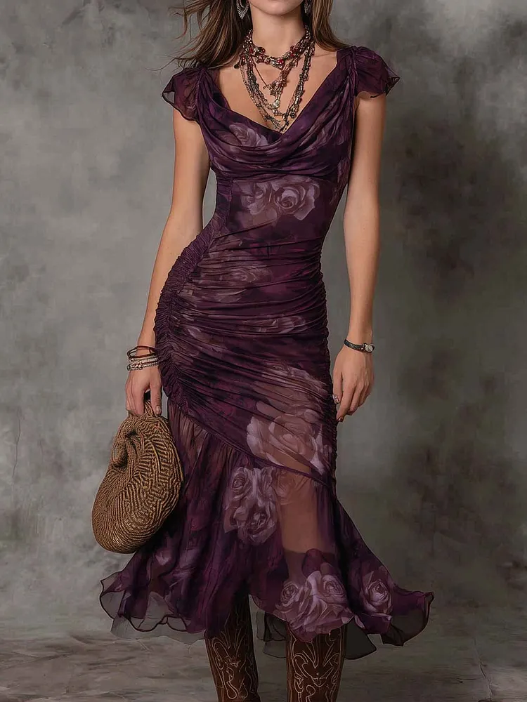 Purple Draped Collar Floral Print Pleated Midi Dress