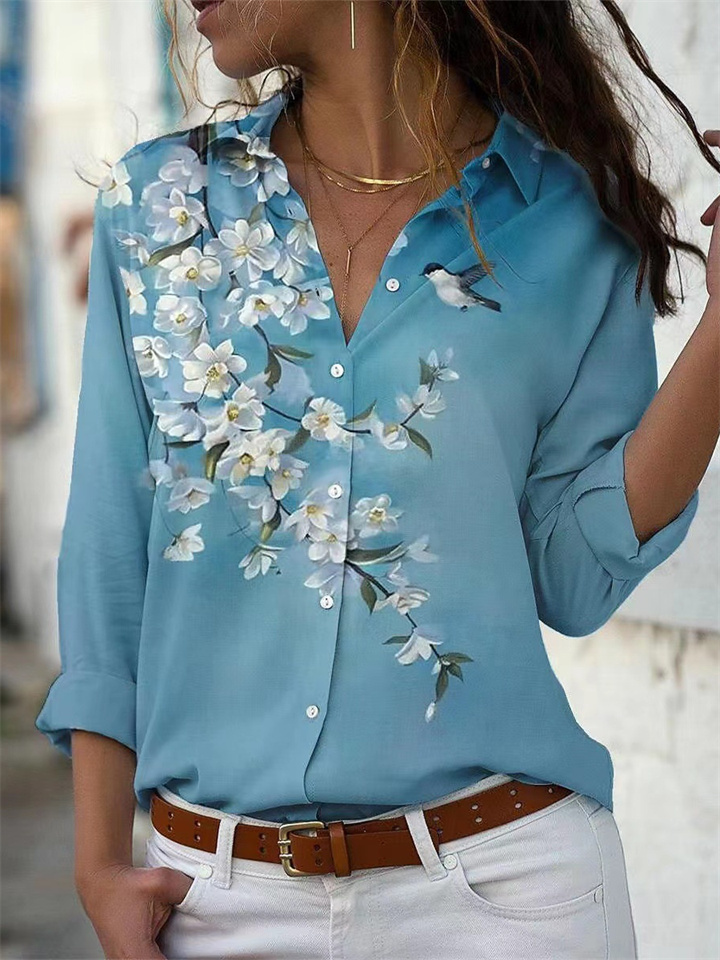 Floral Shirt Spring and Summer Models Lapel 3D Printed Women's Long-sleeved Printed Shirt S-5XL