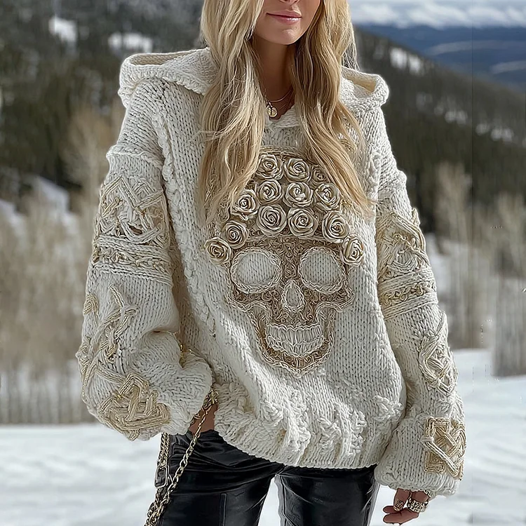Women's White Rose Skull Comfortable Loose Solid Color Hooded Sweater