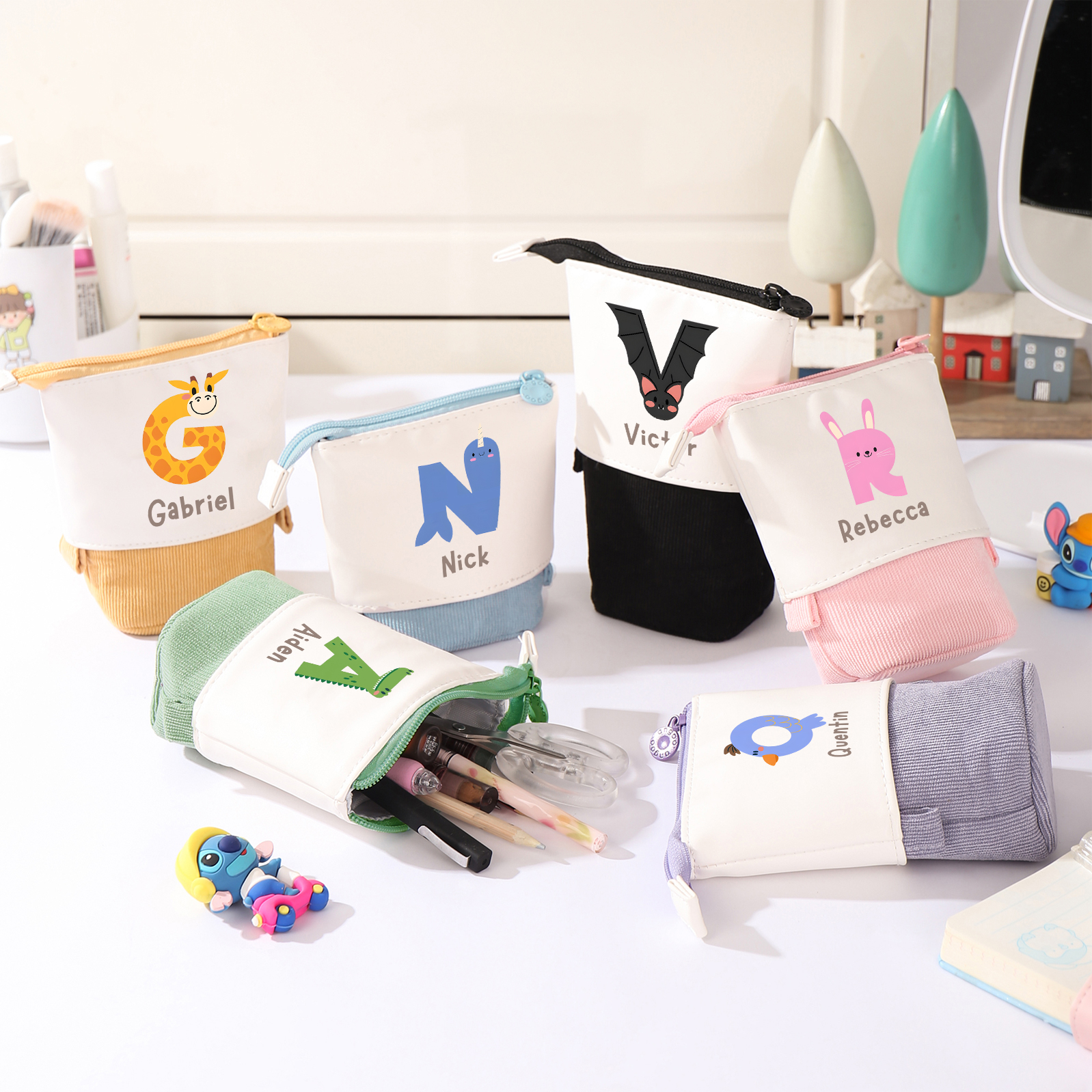 Personalised Pencil Case Custom Name & Letter Animals Pen Pouch Back To School Gift for Kids