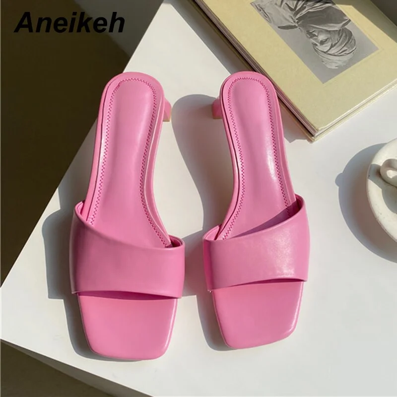 Aneikeh New Summer Women Shoes Square Toe Slides Rubber PU Solid Outside 5CM Thin Heels Adult Shallow Beach Slippers Size 35-42
