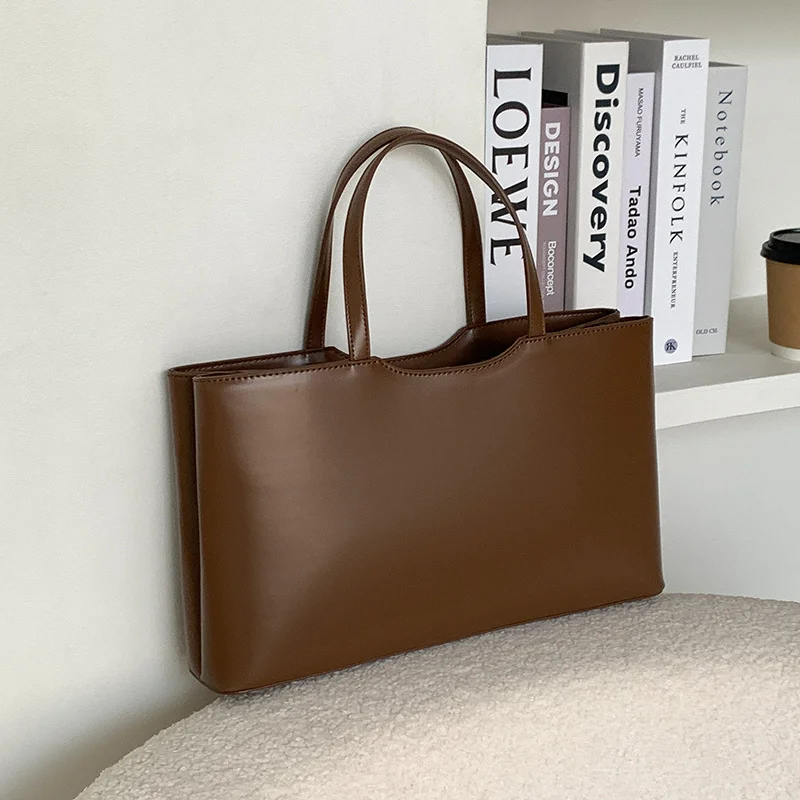 Mongw Mongw Ins Wind Large Capacity Hand Tote Bag Simple Daily Commuter Hand Bag Pure Color PU Female Bag Senior Sense