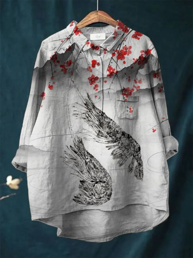 Vintage Japanese shrimp Pattern Art Print Casual Cotton And Linen Shirt