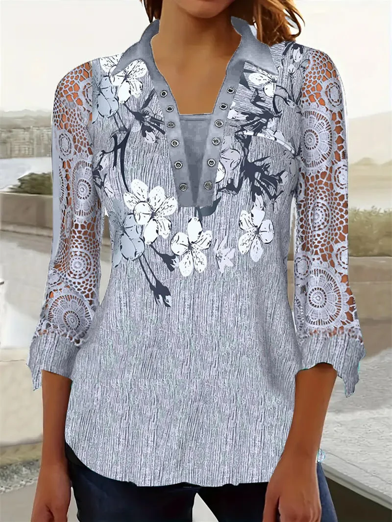 Women 3/4 Sleeve Shirt Collar Floral Printed Lace Button Tops