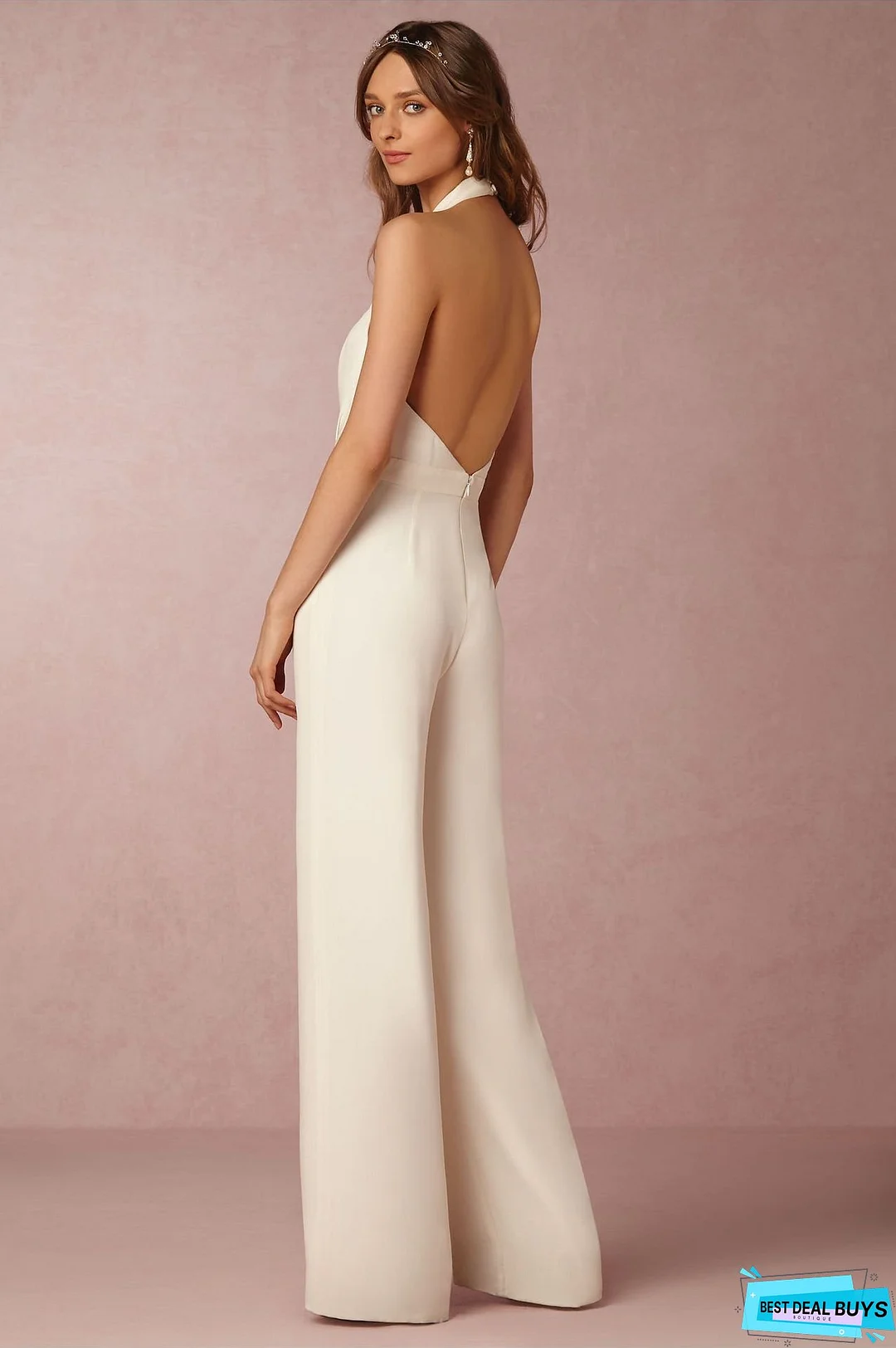 Solid Color Halter Wide Leg Pants Jumpsuit