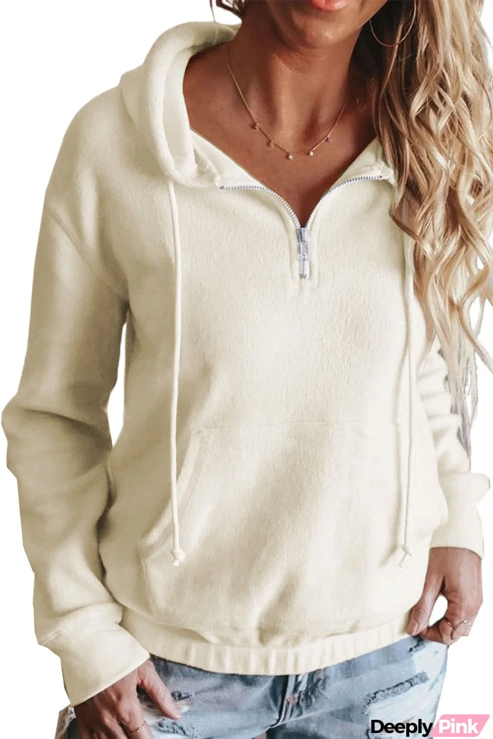 Beige Plain Quarter Zip Furry Hoodie