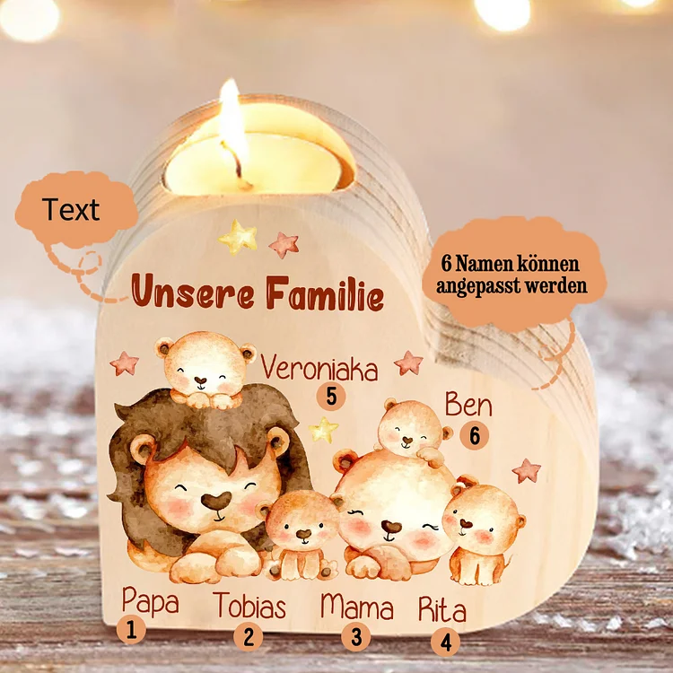 Tierfamilie Personalisierter 6 Namen & Text Löwe Familie Herzform Kerzenhalter