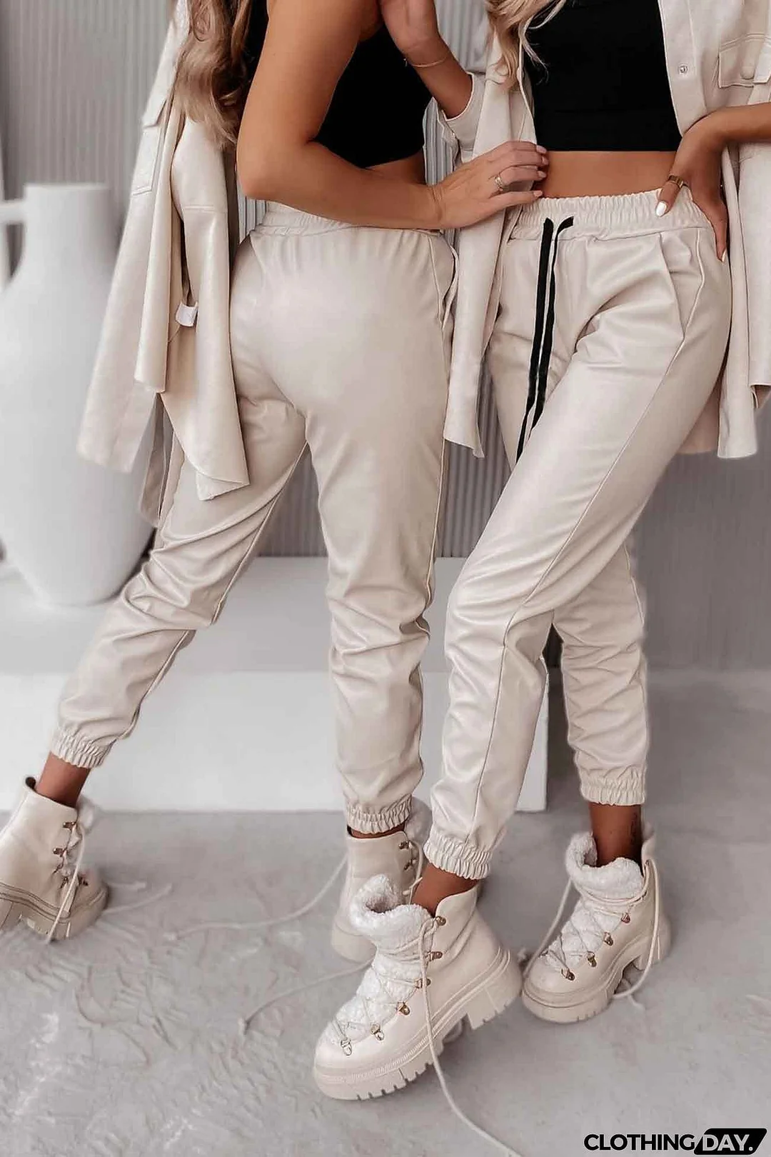 Drawstring Pocket Leather Jogger Pants