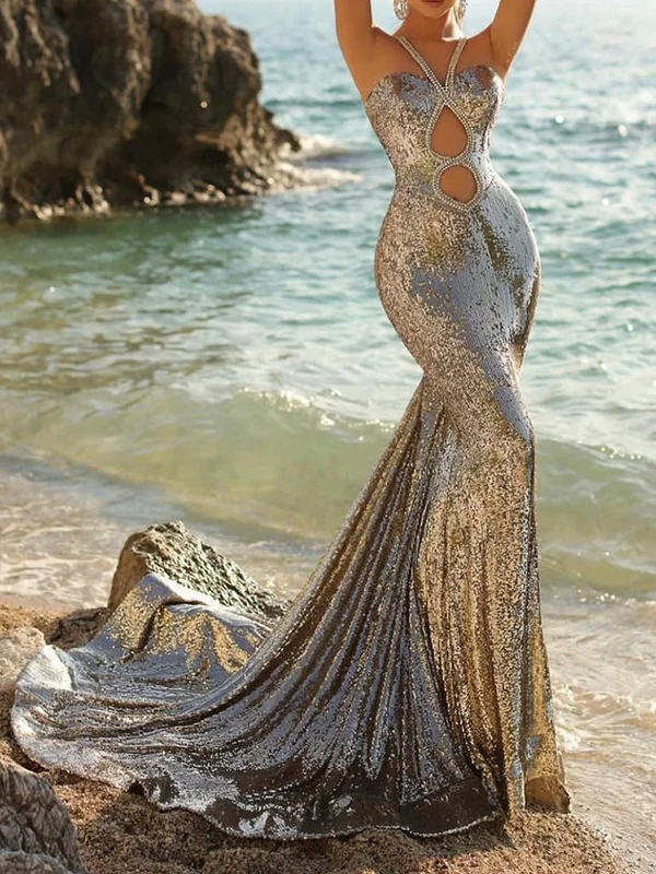 Backless Hollow Sequined Solid Color Sleeveless Wrap Halter-Neck Maxi Dresses