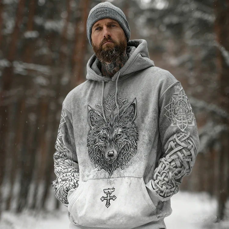 Vintage Viking Style Snow Wolf Print Men's Hooded Sweatshirt