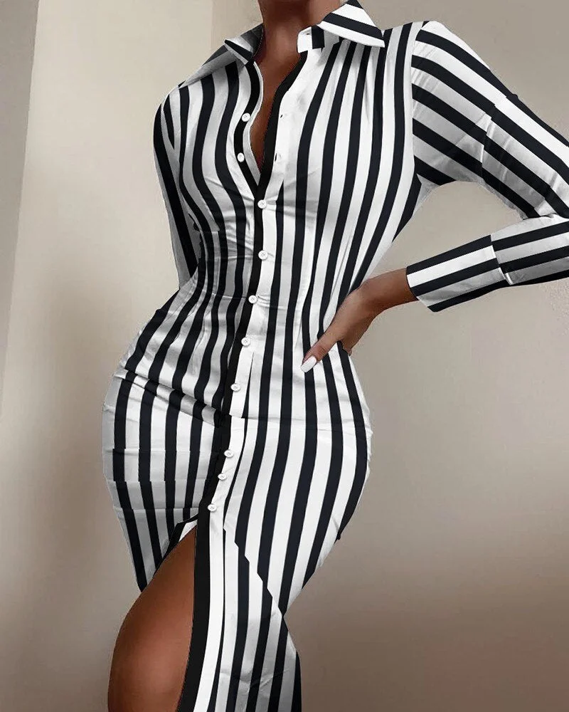 Women's shirt dress long sleeve sexy waist waist printed cardigan shirt
