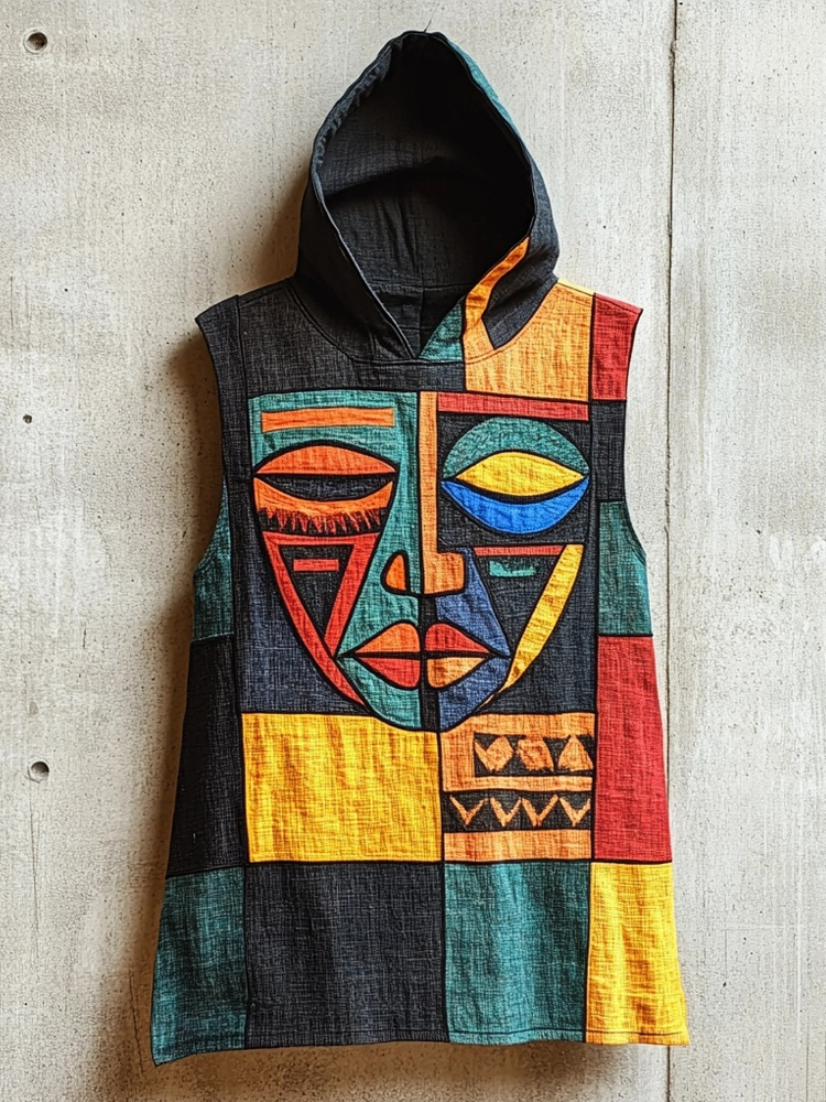 Men's Colored African Mask Patchwork Hooded Linen Tank Top