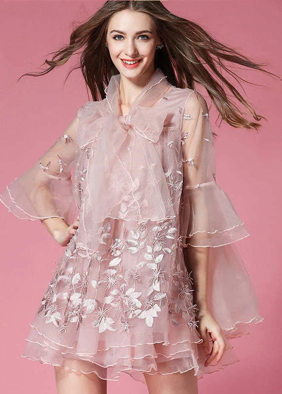 Vogue Pink Bow Embroideried Hollow Out Organza Dress Summer