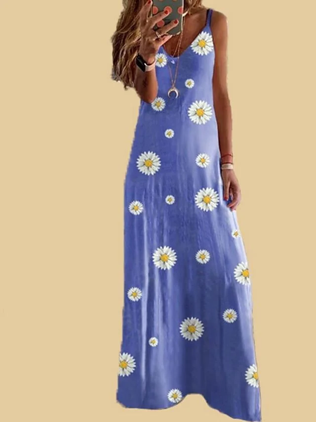 Women's A-Line Dress Maxi long Dress - Sleeveless Floral Summer Casual 2020 Wine Blue Purple Yellow Khaki Gray Light Blue S M L XL XXL XXXL XXXXL XXXXXL