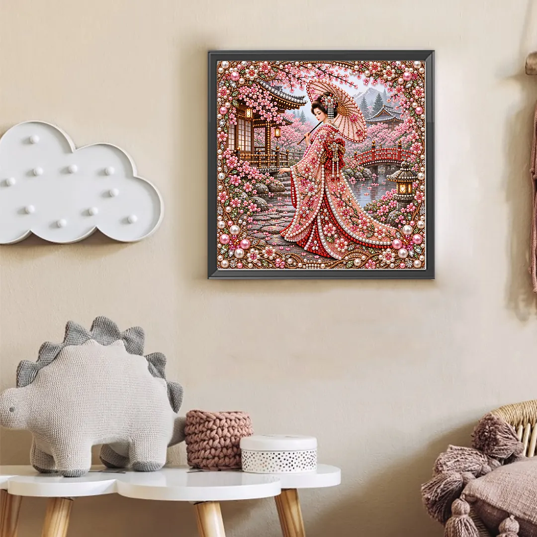 Special Shaped Diamond Painting Kit Geisha Cherry Blossom 40x40cm