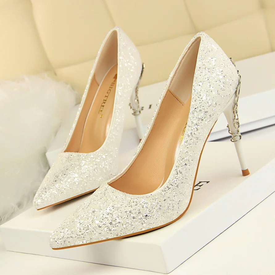 Colourp Colourp Fashion Sexy Nightclub Women's Shoes Metal Heel High Heel Shallow Pointed Sequined Single Shoes
