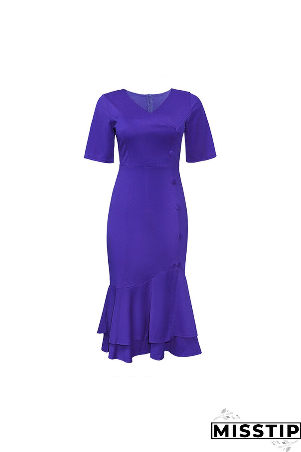 Dark Blue Fashion Slim V-neck Ruffled Dress