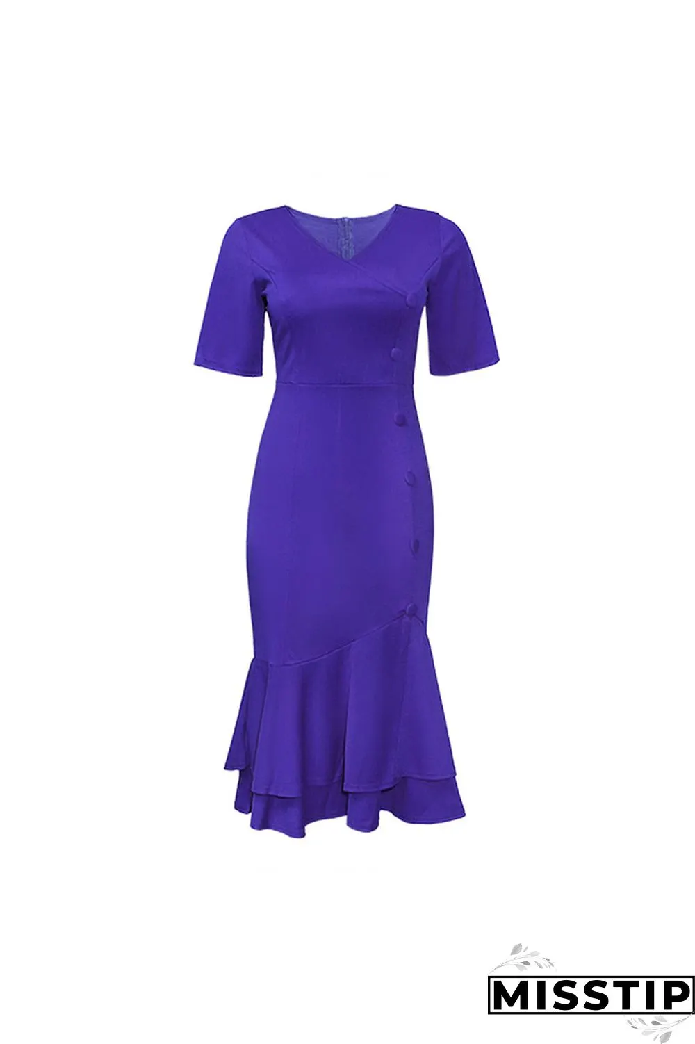 Dark Blue Fashion Slim V-neck Ruffled Dress