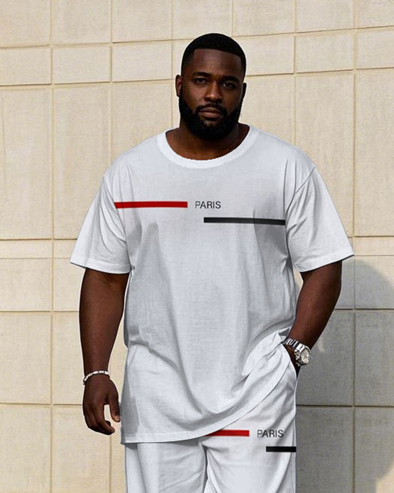 Men's Big & Tall Casual White Chest Printed Short-sleeved T-shirt Trousers Set
