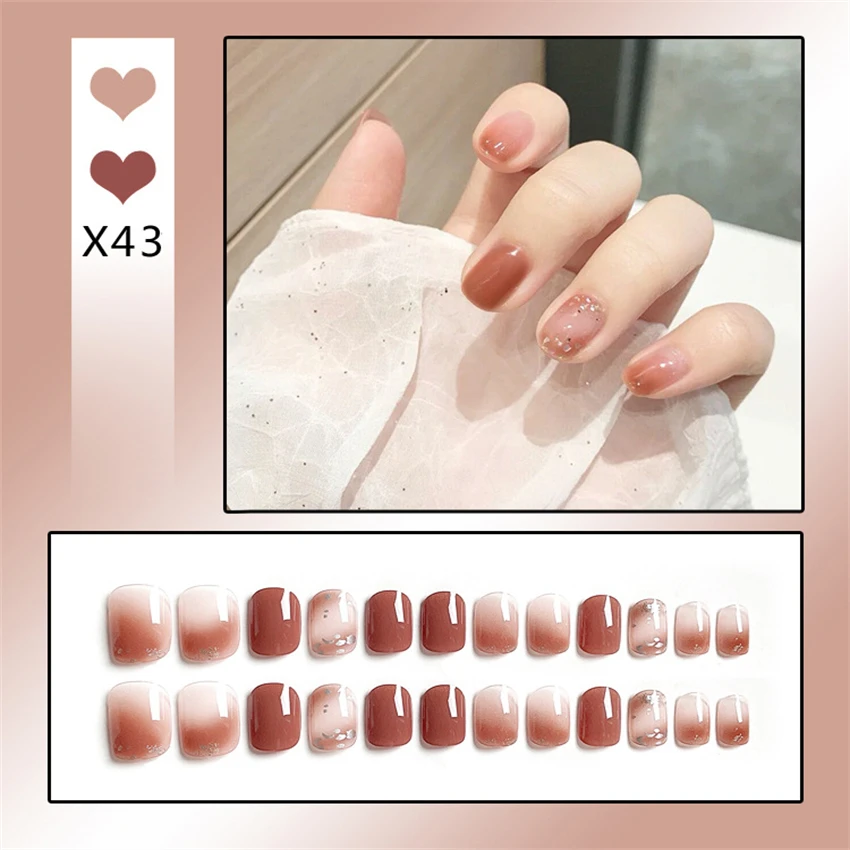 Bayuyun 24Pcs/Set Coffee Leopard French Fake Nails with Diamonds Japan Korean Artificial Acrylic Press on Nails Removable Stick on Nails