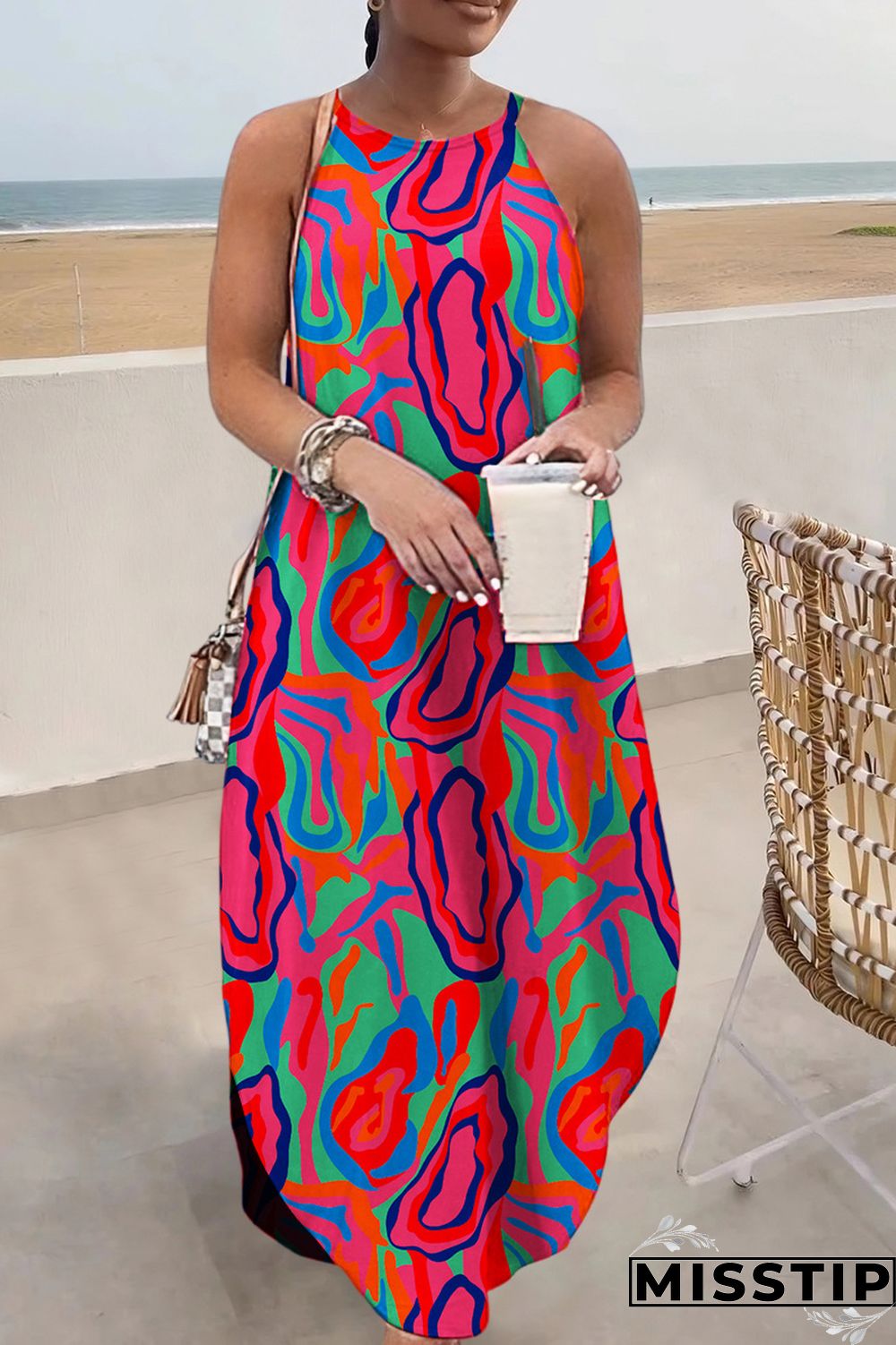 Multi-color Casual Print Basic O Neck Long Dress Dresses