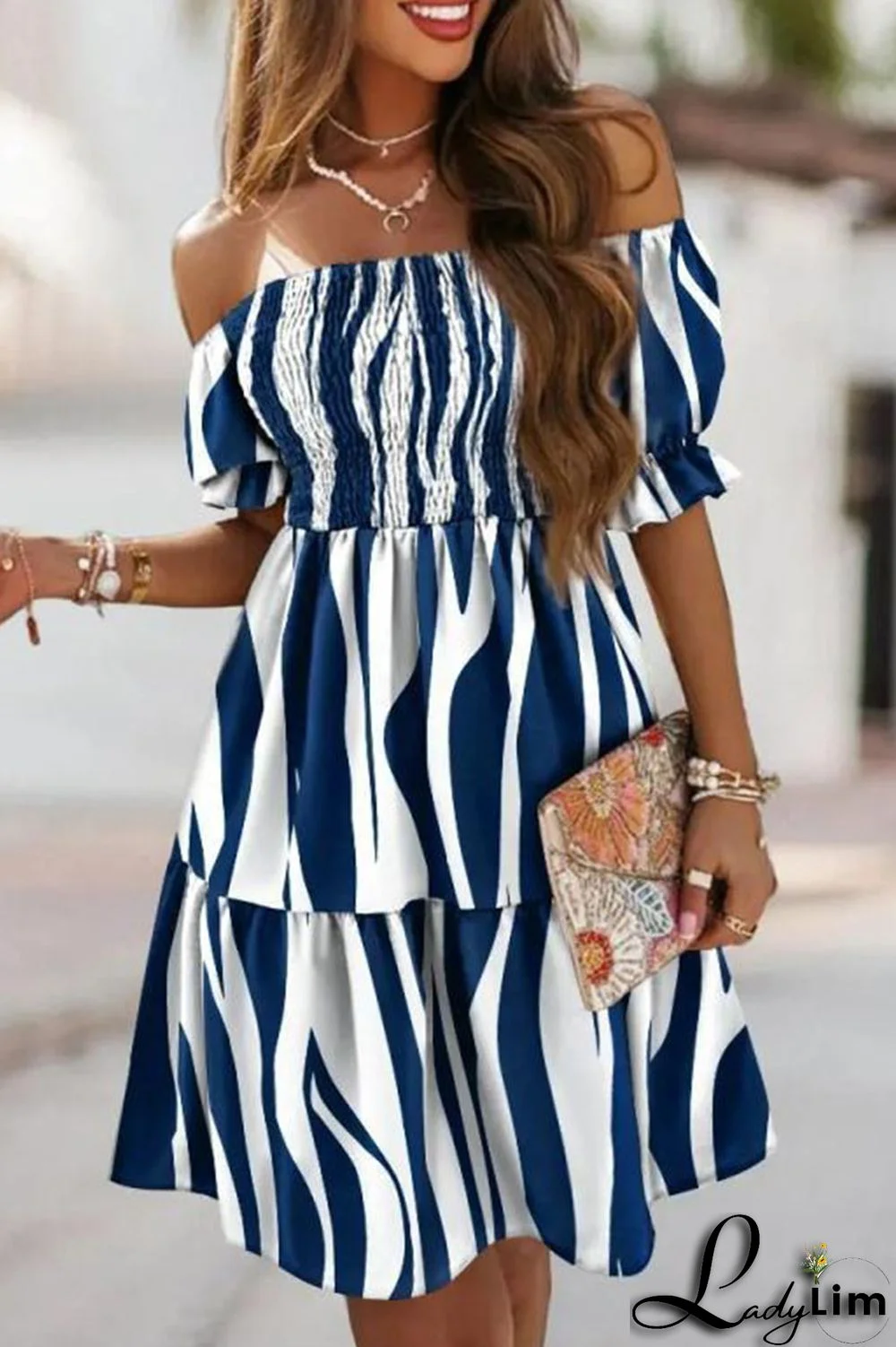 Blue White Fashion Sweet Print Patchwork Fold Off the Shoulder A Line Dresses