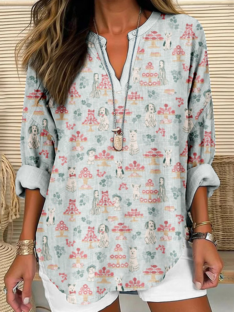 Comstylish Funny Dog Buffet Pattern Linen Blend Cozy Tunic