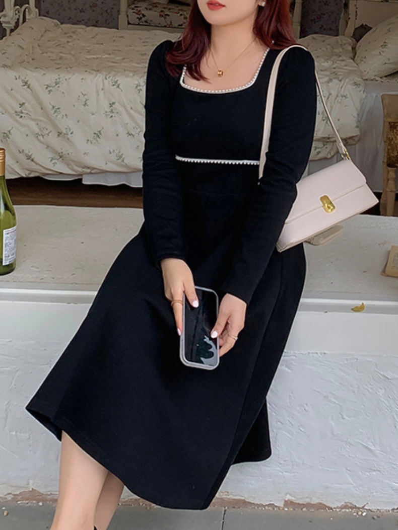 French Retro Stitching Small Square Neck Black Skirt | Oxredo Shop Ramadan Sale