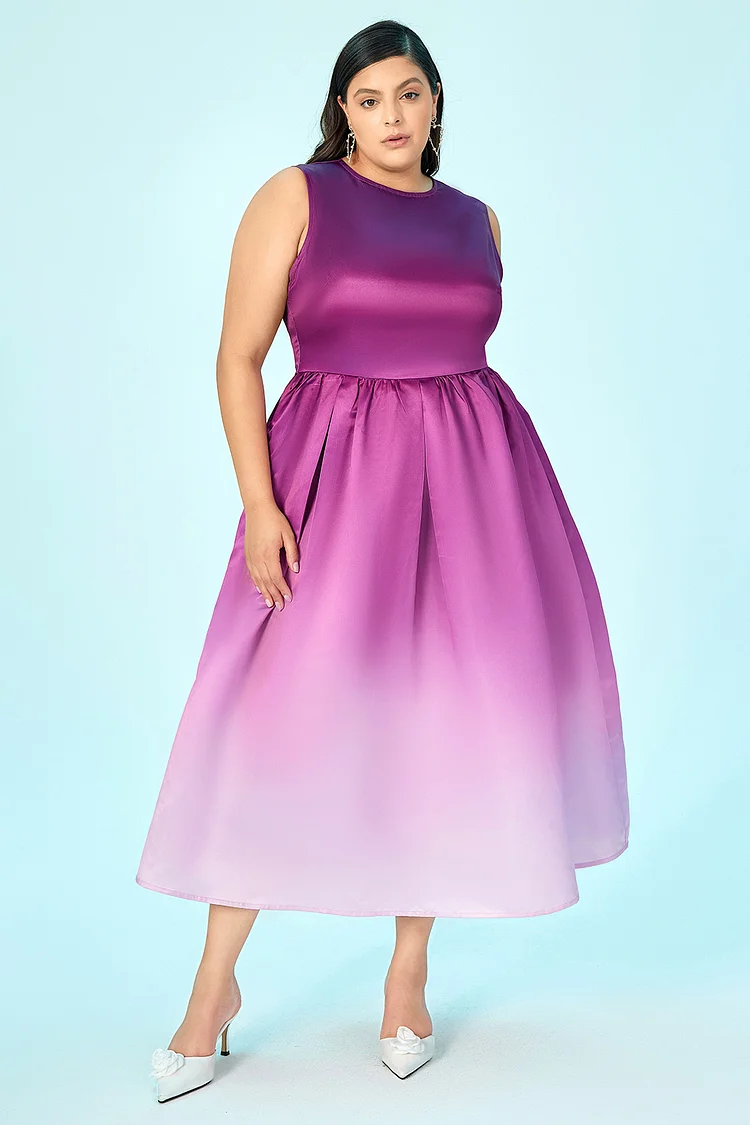 Xpluswear Design Plus Size Homecoming Dress Purple Satin Gradient Print Sleeveless A-Line Midi Dress 