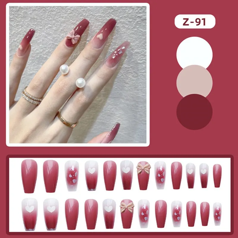24pcs Pink Rose Design False Nail Patch Coffin Fake Nails Removable Long Paragraph Fashion Manicure Nail Art Press On Nail Tips-Nail Inspo