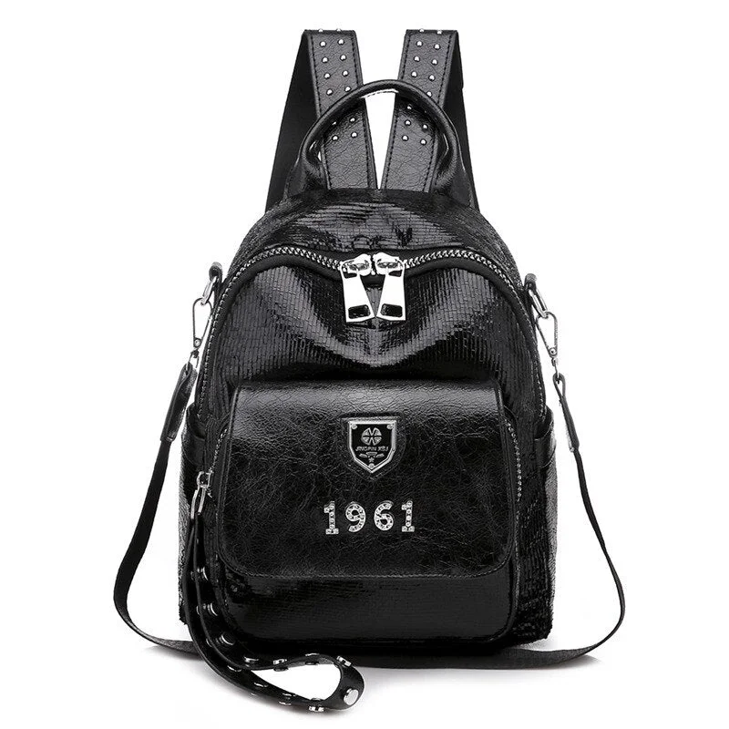 Fashion Silver Women 's Backpack High Quality Bookbag Soft Leather School Bags for Teenagers Girls 3 In 1 Ladies Travel Backpack