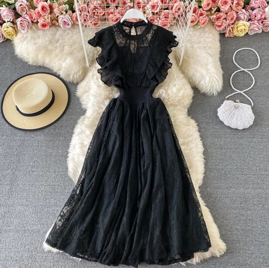 2021 Summer Dress Women Sleeveless O-neck Slim Lace Dresses High waist Lady Elegant Ruffle Long Dress Party Vestidos