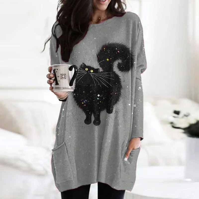 Cute Black Cat Print Round Neck Long Sleeve Tunic