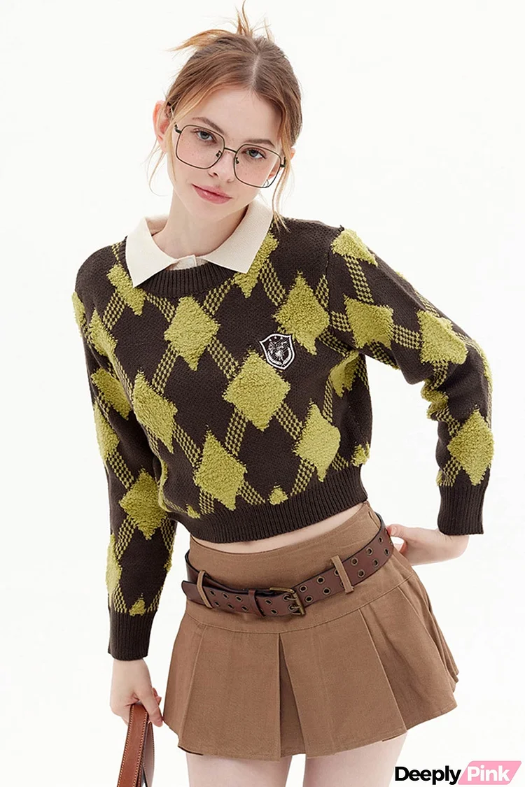 Crew Neck Plaid Patchwork Sweater