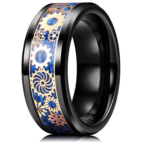 Women's or Men's Tungsten Carbide Wedding Band Watches Gear Rings,Black With Gold Watch Gear Resin Inlay Design Over Blue Carbon Fiber Tungsten Ring With Mens And Womens Rings For 4MM 6MM 8MM 10MM