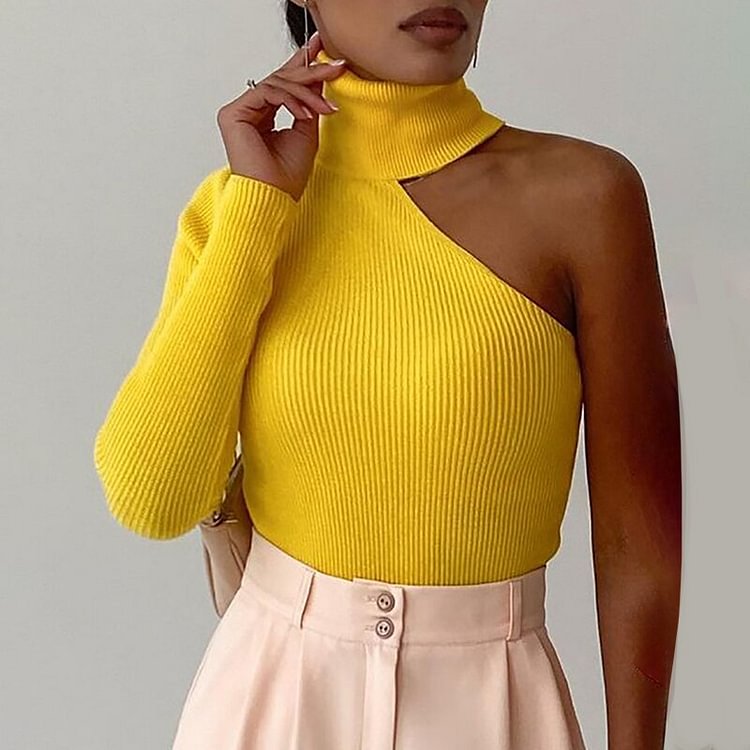 Autumn Woman Fashion Casual High Neck One Shoulder Skinny Knit Top Warm Sweater Daily Wear Yellow Long Sleeve Tops Casual - BlackFridayBuys