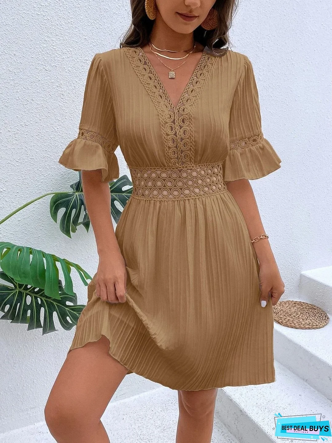 Cutout V-Neck Flounce Sleeve Mini Dress